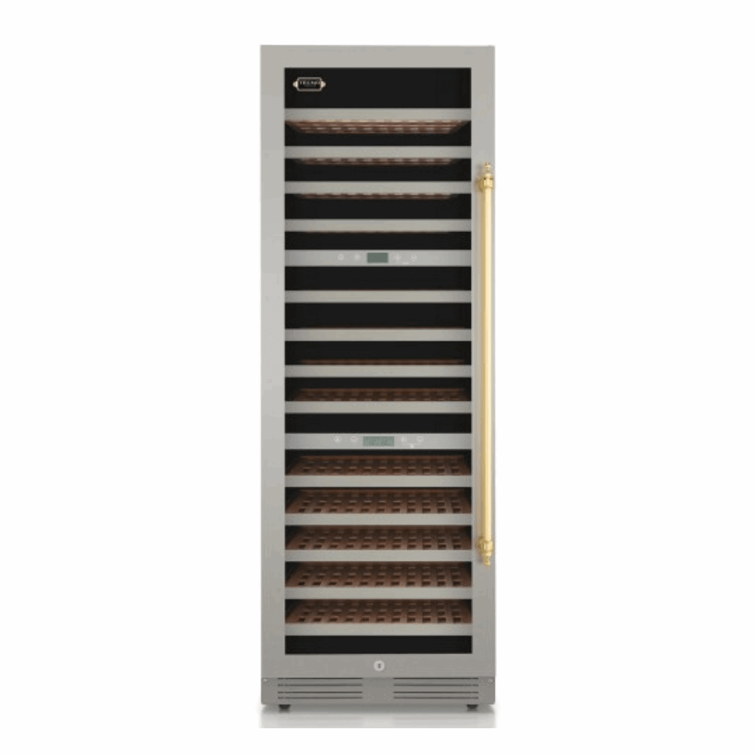 Adega Tecno Vintage 141 Garrafas 3 Zonas 60cm - Abertura Esquerda adega climatizada inox 141 garrafas com prateleiras de madeira e puxador dourado